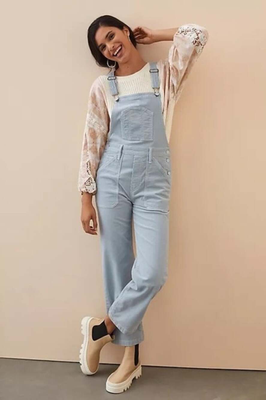 MOTHER The Rambler Corduroy Overalls Powder Blue Utility Jumpsuit M